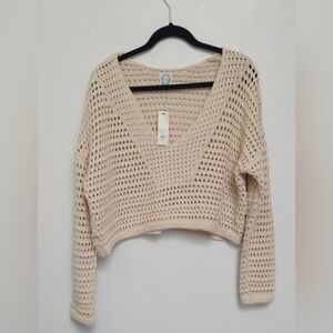 Blue Rain Sz S Boho Oversized Boxy Coastal Crochet Neutral Cropped Knit Sweater